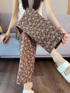 Summer Thin High Waist Wide Leg Pants Womens Floral Print Loose Straight Cut Beach Casual Cotton Trousers Nine Points