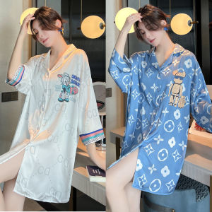 Xuân Hè Băng Mỏng Lụa Satin Đầm Sơ Mi Nữ Mở Giữa Tay Áo Áo Khoác Cardigan Ngủ Đầm Cỡ Lớn Rộng Rãi Dễ Thương Cỡ Lớn Đồ Ngủ