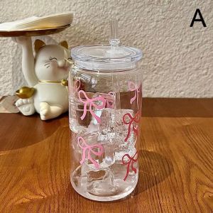 500ml/16oz Transparent Tumbler Pink Bow Flower Sticker Drink Juice Cup Suitable For Hot And Cold Drinks In Summer G3V4