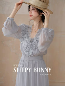 Elegant Lace V-Neck Bell Sleeve Chiffon Maxi Dress