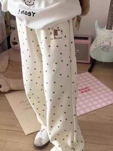 Korean Style Polka Dot Bear Embroider Straight-leg Casual Sweatpants Female Fall and Winter New Arrival Velvet Thickening Slimming All-Match Wide Leg Pants