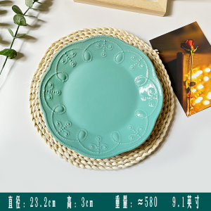 Simple Relief Green Ceramic Dinner Plate Luxury Sense Breakfast Plate Western Style Steak Plate Dinnerware Dishware