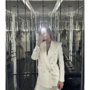 Spring Summer Metal Double Button Long Sleeve Suit Jacket High Waist Slimming Midi Skirt Set Elegant Lady Fashionable Workwear