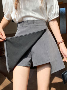 Gray Suit Style High Waist Mini Skirt Womens Summer Slim Fit Short A-Line Split Fake Two-Piece Skirt Pants Korean Style Commute