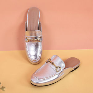 Womens Flat Bottom Slip-On Mule Summer Shoes Leather Easy Wear Platform Flats Commute Buckle Decorated Casual Slippers