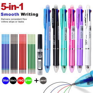 5 In 1 Multicolor Erasable Gel Pens Set with 0.7mm Refills and 0.5mm Automatic Pencil Lead Office School Writing Ballpoint Pen