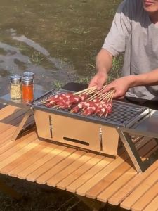 Foldable Grill Portable Outdoor Barbeque BBQ Grill Non-Stick 304 Stainless Barbeque Charcoal Griller with Stand and TraySteak Barbecue Grill Indoor / Outdoor