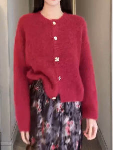 Elegant Knitted Plush Cardigan Womens Soft Cozy New Year Red Sweater Outerwear Autumn Winter Fashion Versatile High-End Cashmere Coat