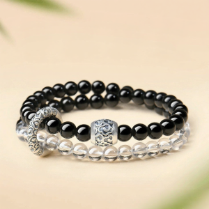 HONGLIANGYUAN | Natural Obsidian Aquamarine Sterling Silver Double Loop Bracelet