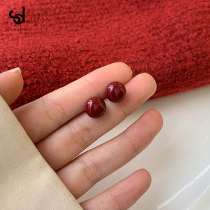 2025 New Fashionable Wine Red Earrings Womens Pure Silver Ear Cuff Vintage French Style Elegant Large Size Ear Jewelry