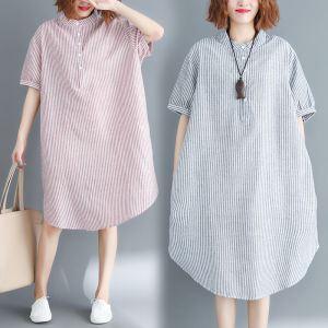 Váy Sơ Mi Vải Lanh Cotton Dài Vừa Phải Mùa Hè Cỡ Lớn Cho Phụ Nữ Ngoại Cỡ Váy Chữ a Đơn Giản Họa Tiết Sọc Thon Gọn
