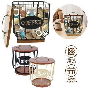 Coffee Capsules Holder Metal Large Capacity Coffee Pod Organizer with Wooden Lid for for Coffee Bar Counter Storage Container
