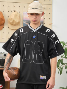 Actions 8 Th Anniversary Print Patchwork Mesh Breathable Olive Jersey Short Sleeve American Style Loose Street Mens Top