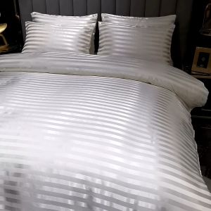 Abraca Dabra Premium Plain Stripe Satin 4in1 Bedding Set Cooling Silky Satin Fitted Bedsheet Quilt Cover With Zipper Pillowcases Single Super Single Queen King Super King Sizes Suitable For Mattress of 14 inches
