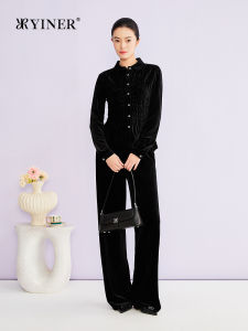 Retro Fashion Elaborately Gathered Pliated Waist-Cinched Velvet Shirt