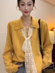 Princess Style Long Sleeve Knitted Sweater Coat Women Early Autumn Hollow out Loose High-End Short Top Lace Bow V-neck Cardigan