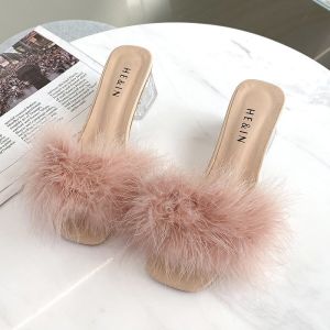 Luxurious Wedding Morning Robe Fur Slippers Womens High Heels Summer Outdoor Bride Maids Shoes Pair Elegant Simple Style