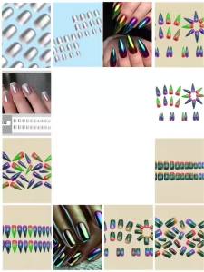 Medium Long Fake Nails for Women Girls Holographic Plated Gradient Blue Green Purple Square Almond Tips Press On False Nail Art