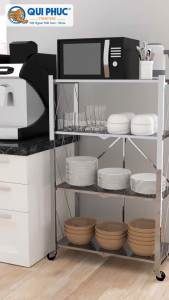 Kệ inox đa năng gấp gọn Ohawa 3 tầng QUI PHÚC inox sáng bóng tiện lợi chân có bánh xe di chuyển
