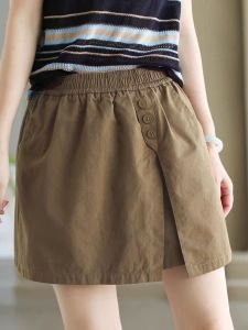 Mall Discount Store Withdraw from Cupboard Artsy Pure Cotton Casual Shorts Womens Elastic Waist Stylish Loose Pure Color Wide-Leg Skort