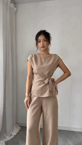 Chic Two Piece Outfit for Women Short Sleeves Wrap Tie Waist Blouse High Waist Wide Leg Pants 2427