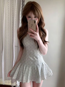 QINWEIYU | French Elegant Polka Dot Halter Dress Doll Collar Short Skirt Womens Summer New Style High Waist Cotton A-Line Dress