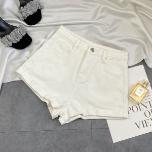 White High Waist Cuffed Denim Shorts Women Summer Thin Loose Peach Color Spicy A-Line Hot Pants Cotton Stretch Denim Shorts
