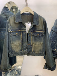 Áo khoác denim cổ điển dành cho nữ có cổ polo và khóa tay ngắn ngực đơn lý tưởng cho mùa xuân và mùa thu