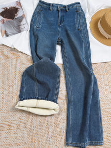 MANMI | Quần Jeans Dày Nỉ Cao Waist Rộng Gấu Phong Cách Retro