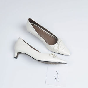 French Bow Square Toe Mid Heel Single Shoes Leather Soft Sole