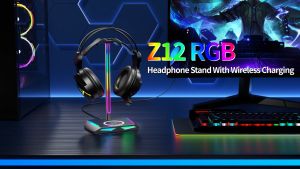 New Bee Z12 RGB Headphone Stand with Wireless Charging and 2 TYPE-C & 1 USB Charging Ports Desk Gaming Headset Holder with 7 Light Modes and Non-Slip Rubber Base Suitable for All Headphone