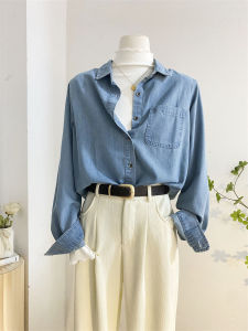 Retro Washed Soft Denim Shirt Womens Autumn Winter Fashion Inner Wear Layered Long Sleeve Top Casual Polo Collar Button Detail