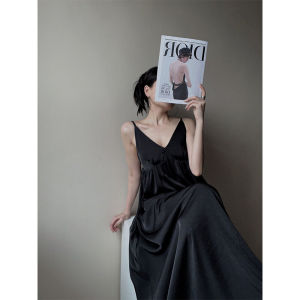 ชุดเดรสยาวผ้าซาตินคอวีแขนกุดสีดำ ทรงเอ เดรสยาวคลุมเข่า ทรงเข้ารูป สำหรับผู้หญิงวัย 18-24 ปี ฤดูร้อน 2023