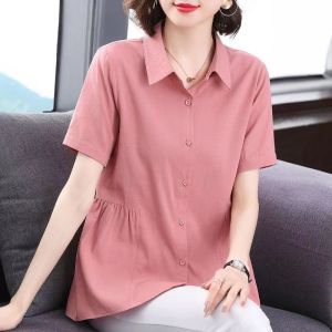 Womens Short-sleeved Shirt 2023 New Summer Loose Casual Shirt Large Womens Fashionable Lapel Lining Clothes