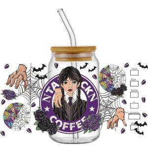 สติกเกอร์ลายการ์ตูนน่ารักสำหรับวันเวนส์เดย์ฮาโลวีน ขนาด 16 ออนซ์ แบบ UV DTF 3D สำหรับตกแต่งแก้ว กระป๋อง ถ้วย งานฝีมือ DIY ของขวัญวันเกิด ลดราคาพิเศษ