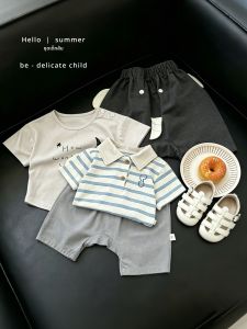Fashion Striped Polo Style Cotton Breathable Boy Shorts Sleeve Set