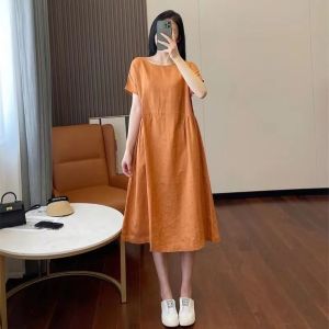Summer New Womens Cotton Dress Artistic Loose Midi Skirt Short Sleeve High Waist A-Line Cotton Gown Casual round Neck Dress