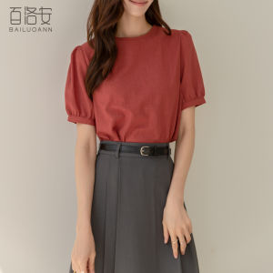 BAILUOANN | Bailuan Casual Loose Short Sleeve Round Neck Shirt Womens Summer Fashion Versatile Straight Cut Bubble Sleeve Solid Color Top