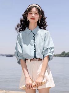 Áo sơ mi MUTU tay ngắn xếp ly màu xanh thiết kế công sở