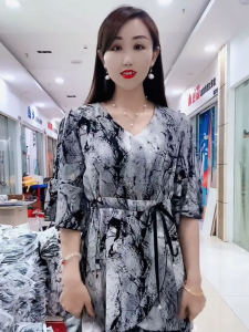 ชุดเดรสแขนสั้นลายหมึก ชุดกางเกงขาสั้น ชุดเดรสผู้หญิงฤดูร้อน ชุดกระโปรงทรงเอผ้าชีฟองหลวมเอวเข้ารูป ชุดสองชิ้น