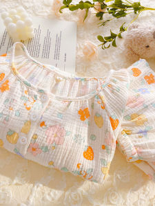 Summer Thin Cotton Pajamas Womens Short Sleeve Seven-Piece Pants Home Clothes Sleepwear Strawberry Floral Print Dual-Layer