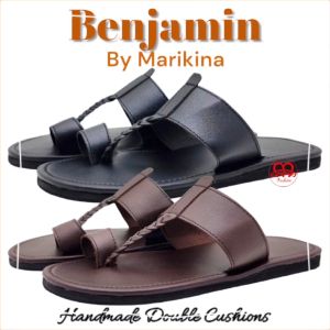 Marikina Benjamin Mens double-cushion and stitched one finger leatherette non-slip slippers (Black & Brown)