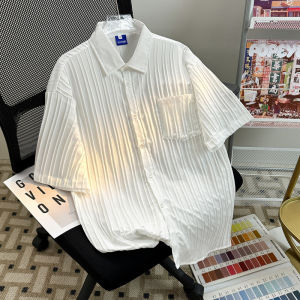 เสื้อเชิ้ตแขนสั้นผ้าไหมน้ำแข็งบางพิมพ์ลายกลับฤดูร้อนสำหรับผู้ชายและผู้หญิง ทรงหลวม ดีไซน์เรียบง่าย สวมใส่สบาย