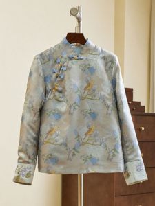 New Chinese Style Womens Embroidered Cotton Jacket Small Cotton Padded Hanfu Reformed Qipao Short Qipao Low Slit Long Sleeve