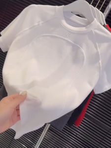 Slim Fit Short Sleeve T-Shirt Womens Summer New Style Pure Color Letter Embroidery Straight Shoulder Top Korean Style Commute