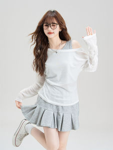 Fashionable Sweet Shoulder T-Shirt Set Womens Long Sleeve Summer New Style Layered Vest Versatile Mini Skirt Three-piece Set