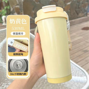 Portable Stainless Steel Insulated Coffee Cup Large Capacity Double Drink Straw Mens Version High Aesthetic Value Travel Mug
