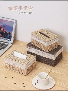Straw Tissue Box With Cover Paper Woven Storage basket Desktop Remote Control storage Box