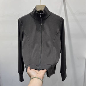 Spring 2025 Women's Casual Pure Color Zipper Stand Collar Short Jacket & Threaded Ribbed Base Shirt Top Fashion Commute Style