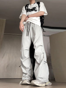 Gray Paratrooper Workwear Pants Mens Summer Straight American Vibe Nylon Quick Dry Cargo Pants Loose Fit Low Waist Long Trousers